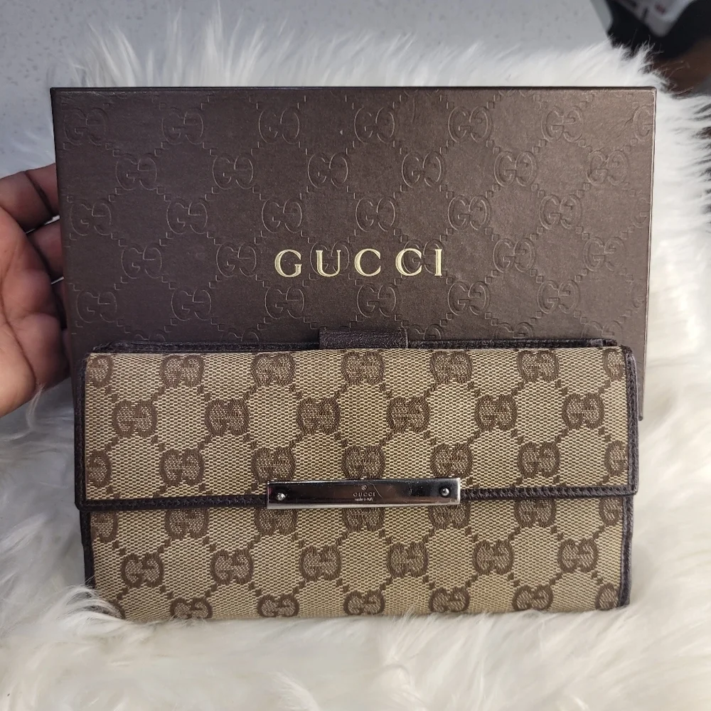 🤎🔹️Gucci 🔹️GG canvas logo plate long wallet beige brown leather - Picture 3 of 11